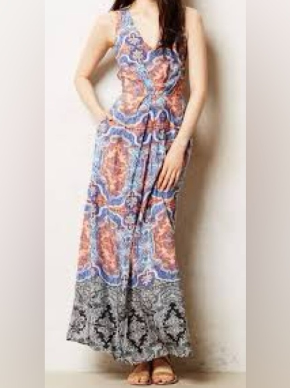 Maeve Anthropologie 100% Silk Paisley Maxi Dress Blue Peach Size 8